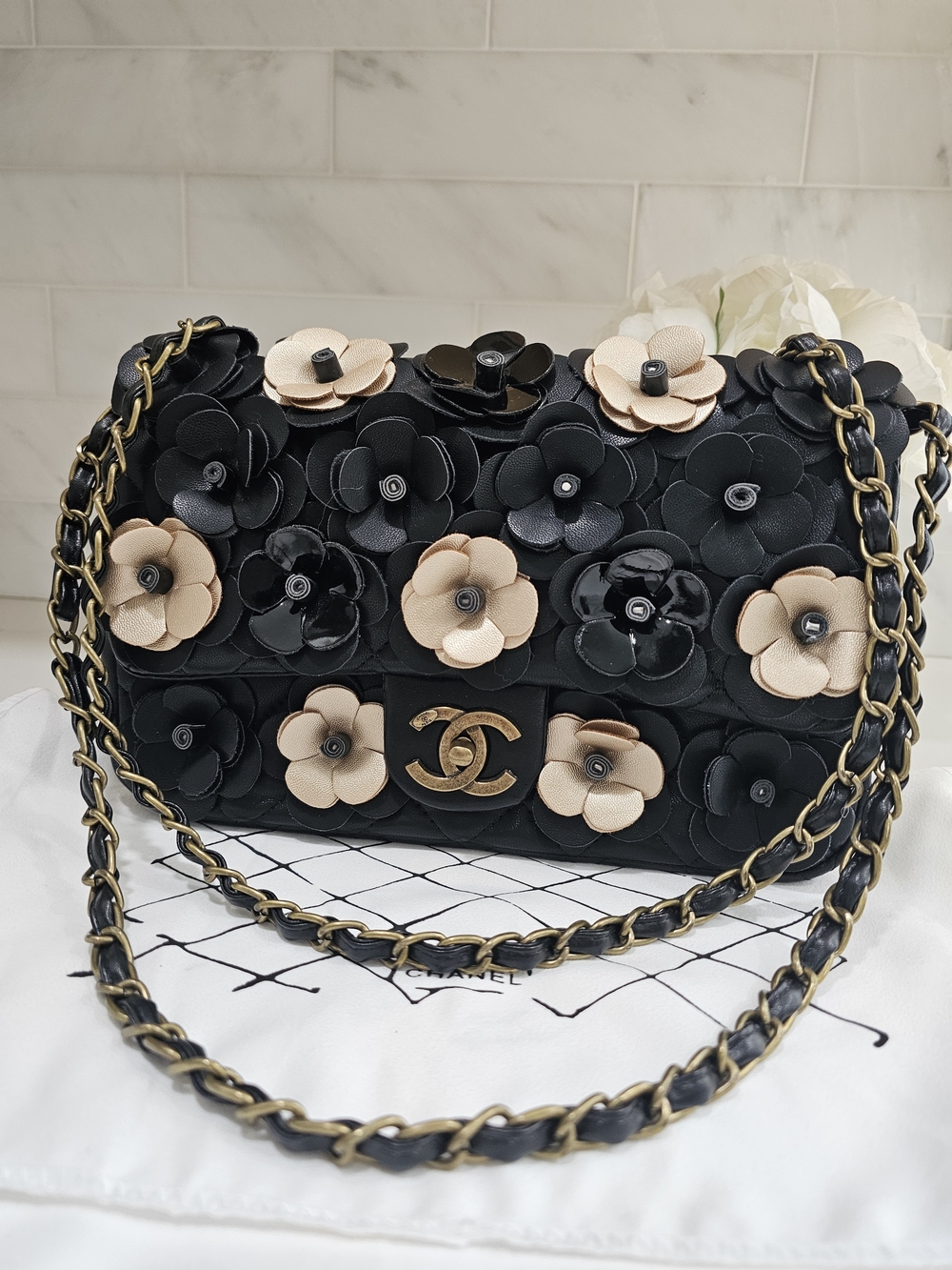 Quilted Shoulder Bag with Beige Camellia Appliqués